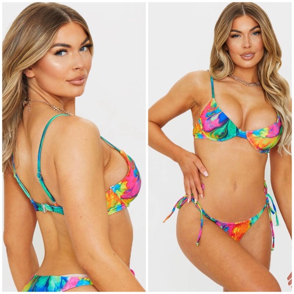 PrettyLittleThing Multi Abstract Print Underwired Bikini Top Size 6 NWT - Picture 11 of 12